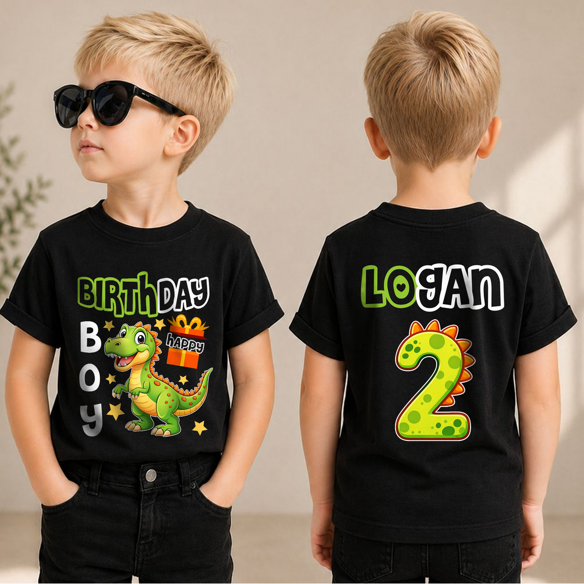Personalized Two Rex 2nd Birthday Shirt for Boys, T-Rex — product view 1