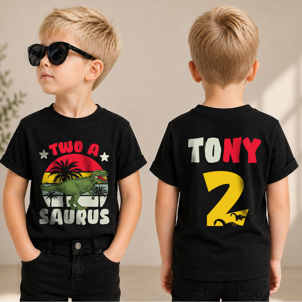 Custom Name Two-A Saurus 2nd Birthday Shirt for Boys, T-Rex — product view 1