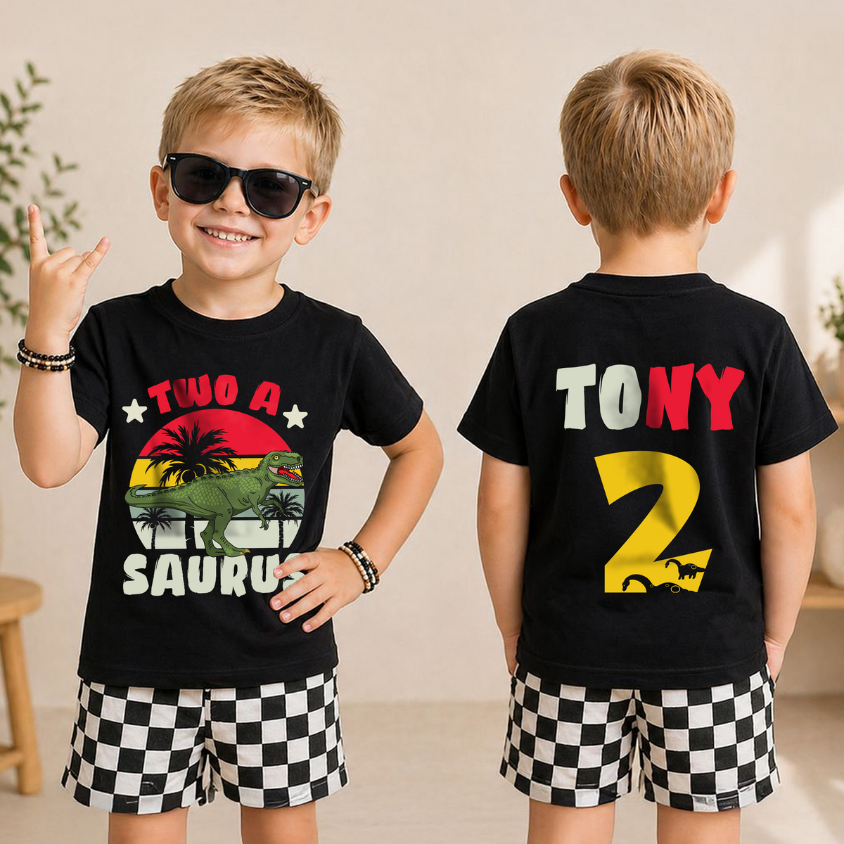Custom Name Two-A Saurus 2nd Birthday Shirt for Boys, T-Rex — product view 3