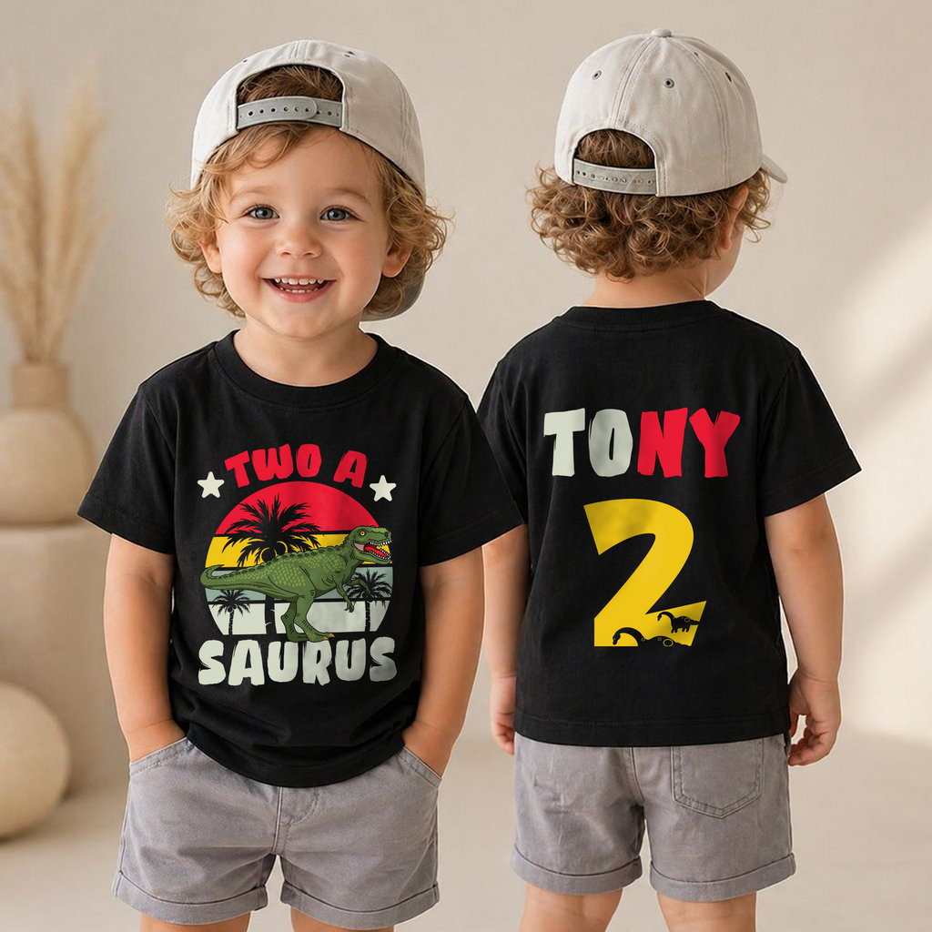Custom Name Two-A Saurus 2nd Birthday Shirt for Boys, T-Rex — product view 4