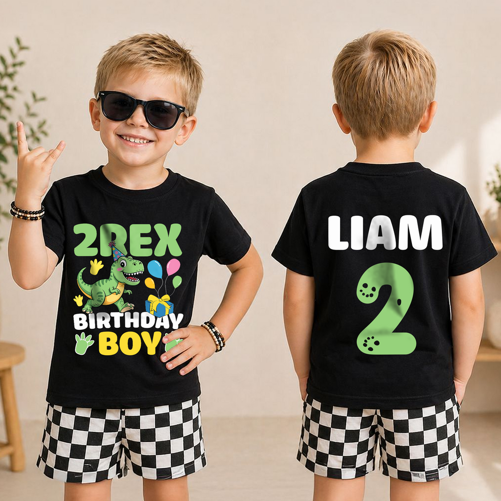 Boys Custom Two Rex 2nd Birthday Shirt for Boys, T-Rex — product view 3