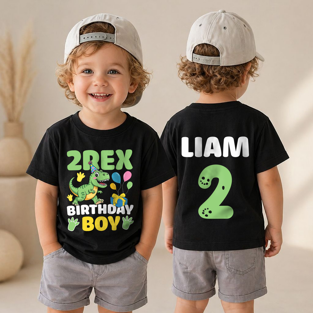 Boys Custom Two Rex 2nd Birthday Shirt for Boys, T-Rex — product view 4