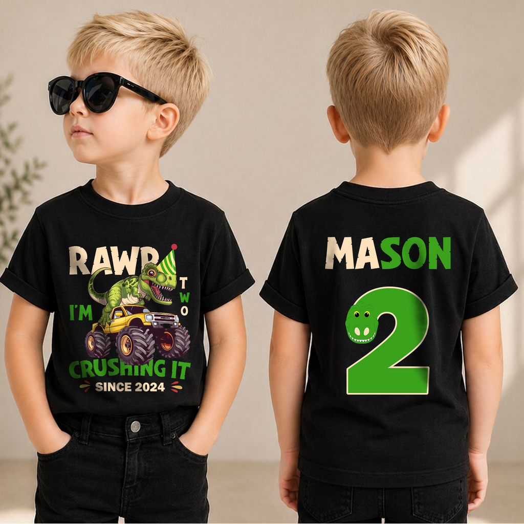 Boys Personalized Rawr I'm Two Crushing It 2nd Birthday Shirt — product view 1