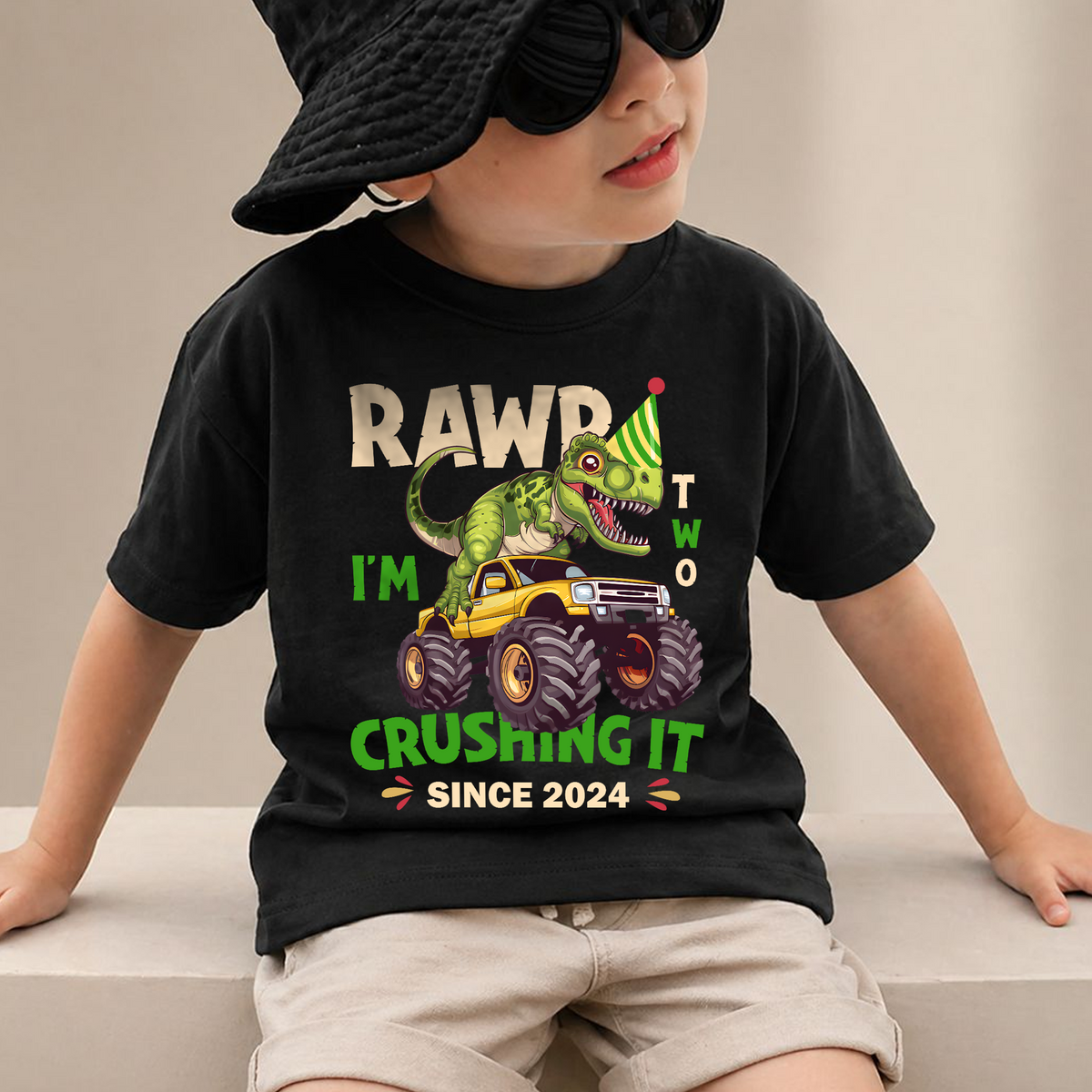 Boys Personalized Rawr I'm Two Crushing It 2nd Birthday Shirt — product view 2