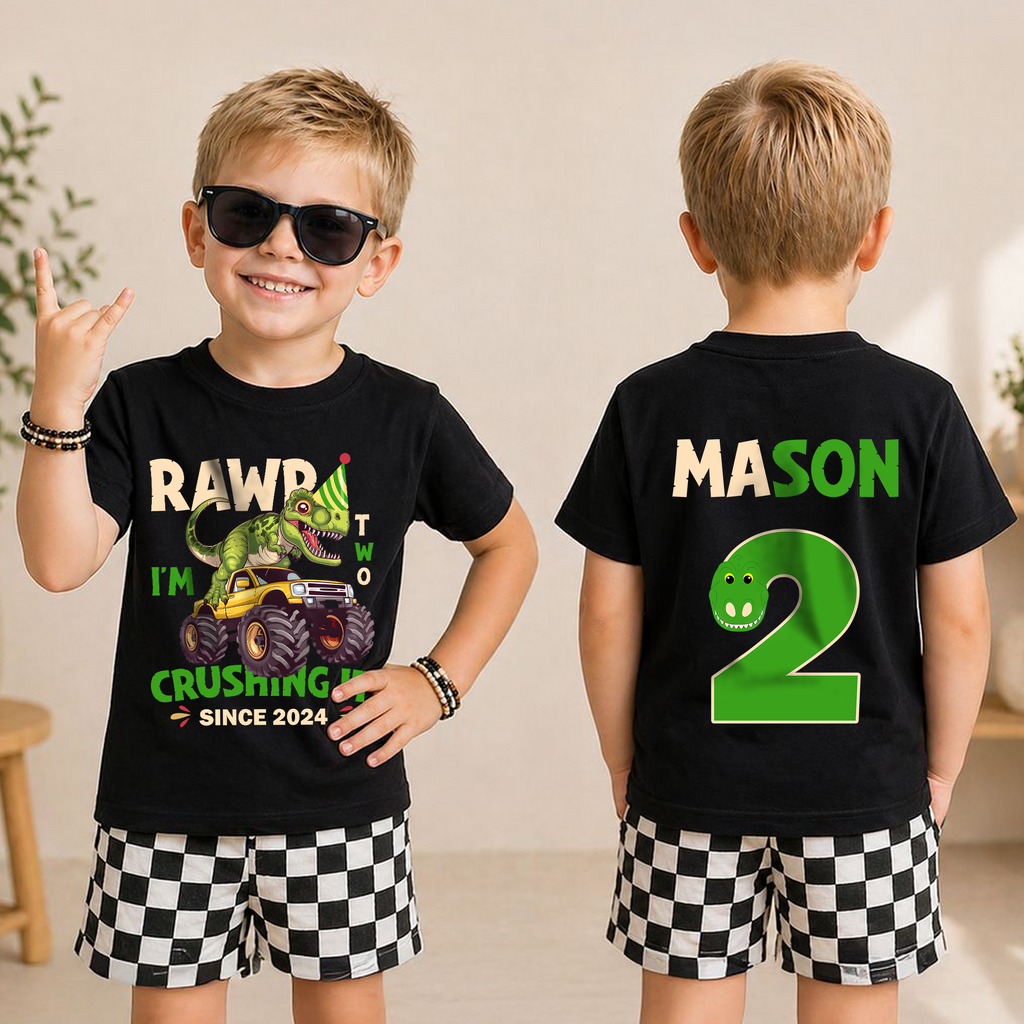 Boys Personalized Rawr I'm Two Crushing It 2nd Birthday Shirt — product view 3