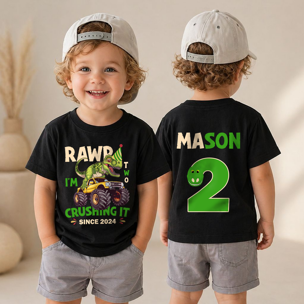 Boys Personalized Rawr I'm Two Crushing It 2nd Birthday Shirt — product view 4