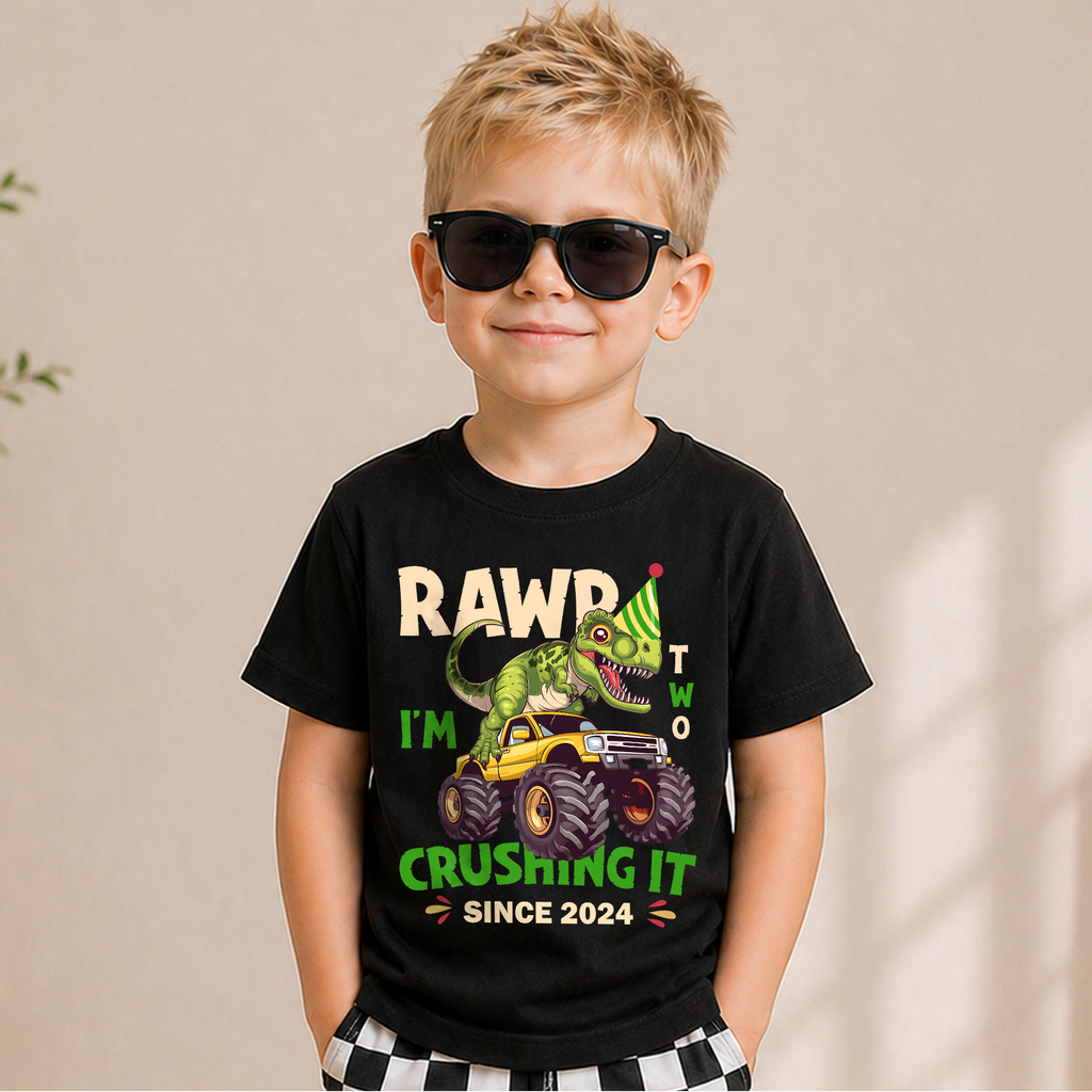 Boys Personalized Rawr I'm Two Crushing It 2nd Birthday Shirt — product view 5