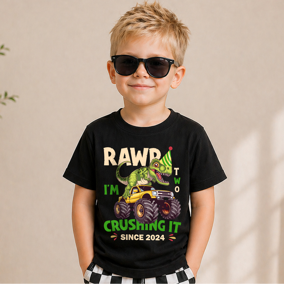 Boys Personalized Rawr I'm Two Crushing It 2nd Birthday Shirt — product view 5