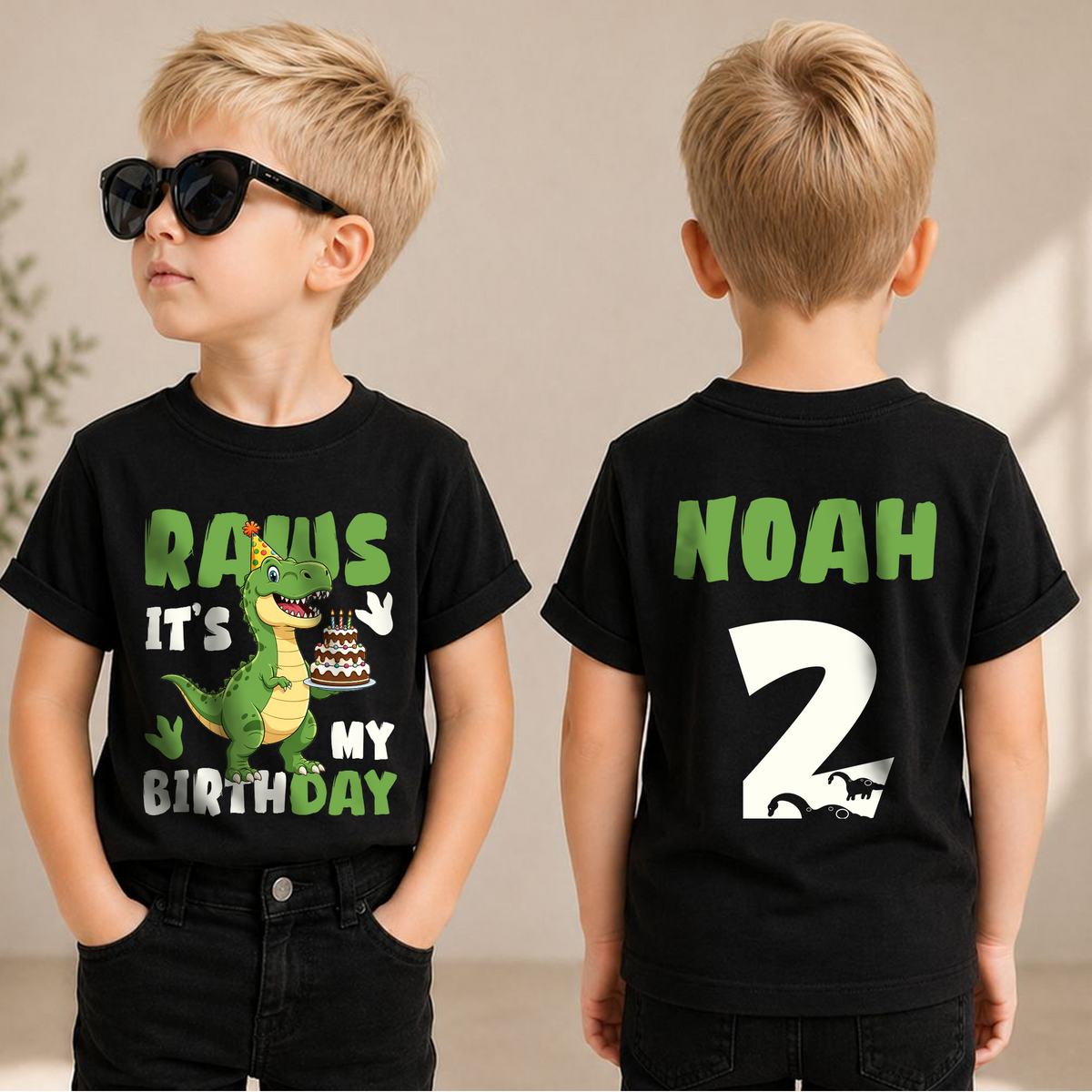 Personalized T-Rex 2nd Birthday Shirt Boy, Two Rex — product view 1