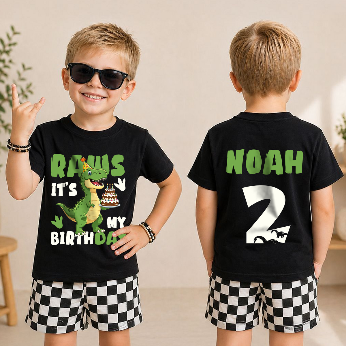 Personalized T-Rex 2nd Birthday Shirt Boy, Two Rex — product view 3