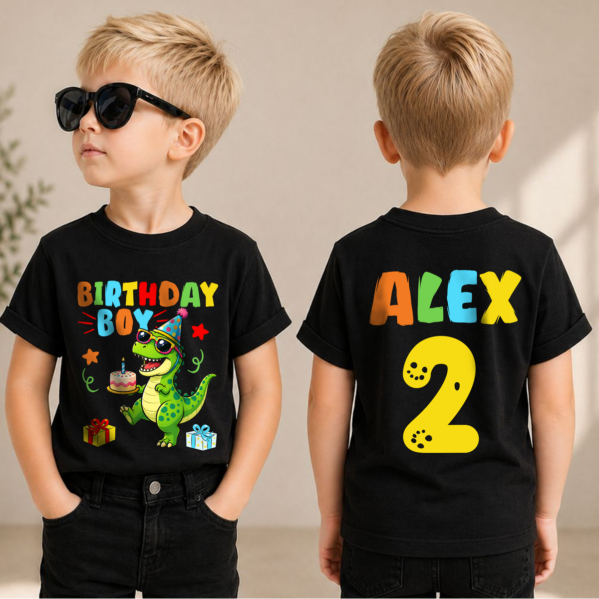 Custom Name T-Rex 2nd Birthday Shirt Boy, Two Rex — product view 1