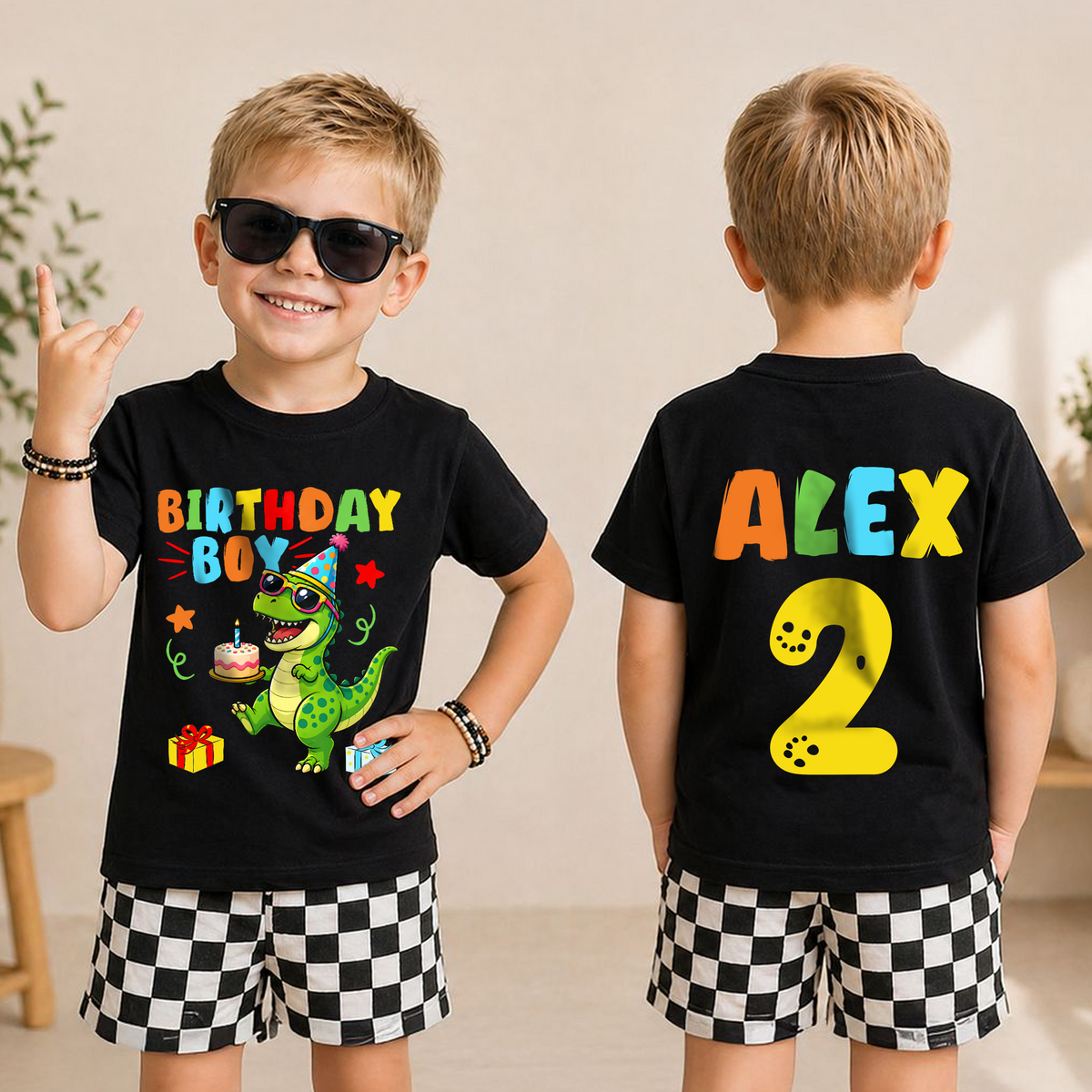 Custom Name T-Rex 2nd Birthday Shirt Boy, Two Rex — product view 3