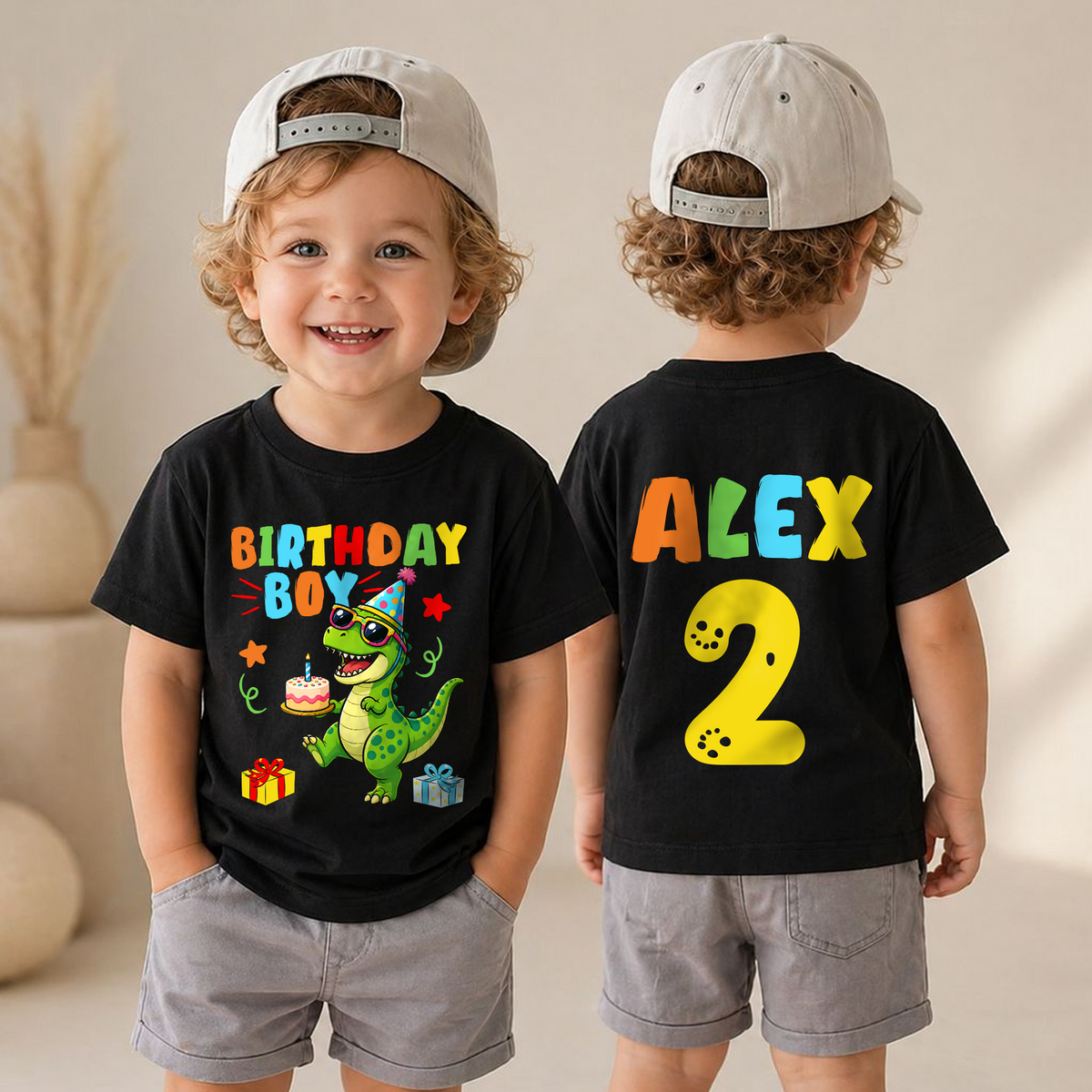 Custom Name T-Rex 2nd Birthday Shirt Boy, Two Rex — product view 4