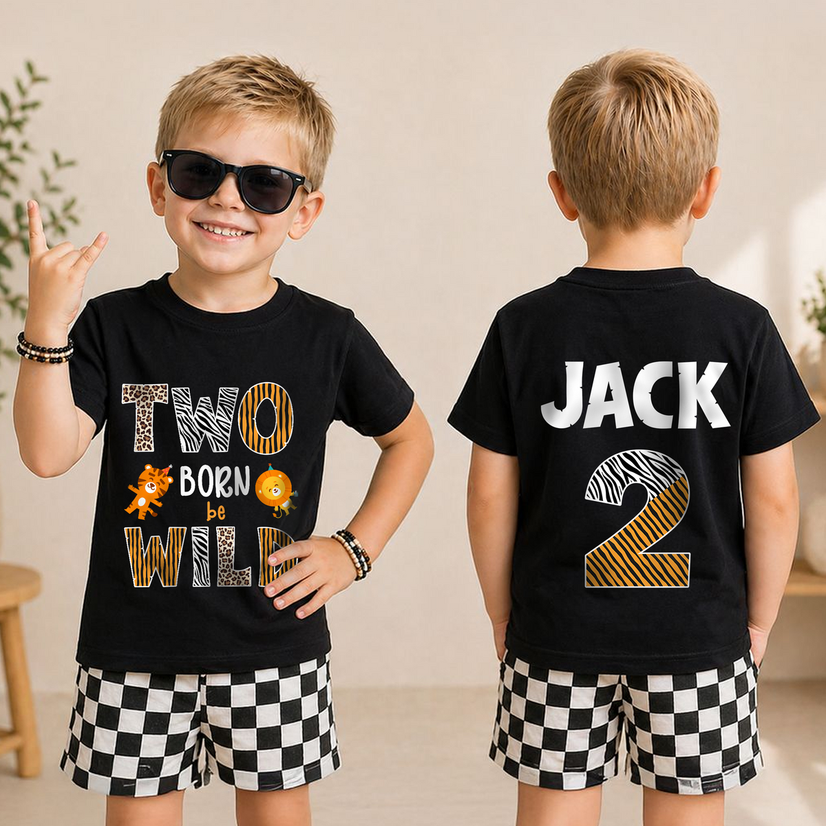 Custom Name Wild 2nd Birthday Shirt Boy, Born Two Be Wild — product view 3