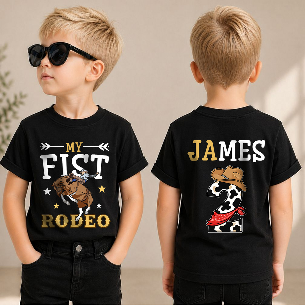 Custom Name Cowboy 2nd Birthday Shirt Boy, My First Rodeo — product view 1