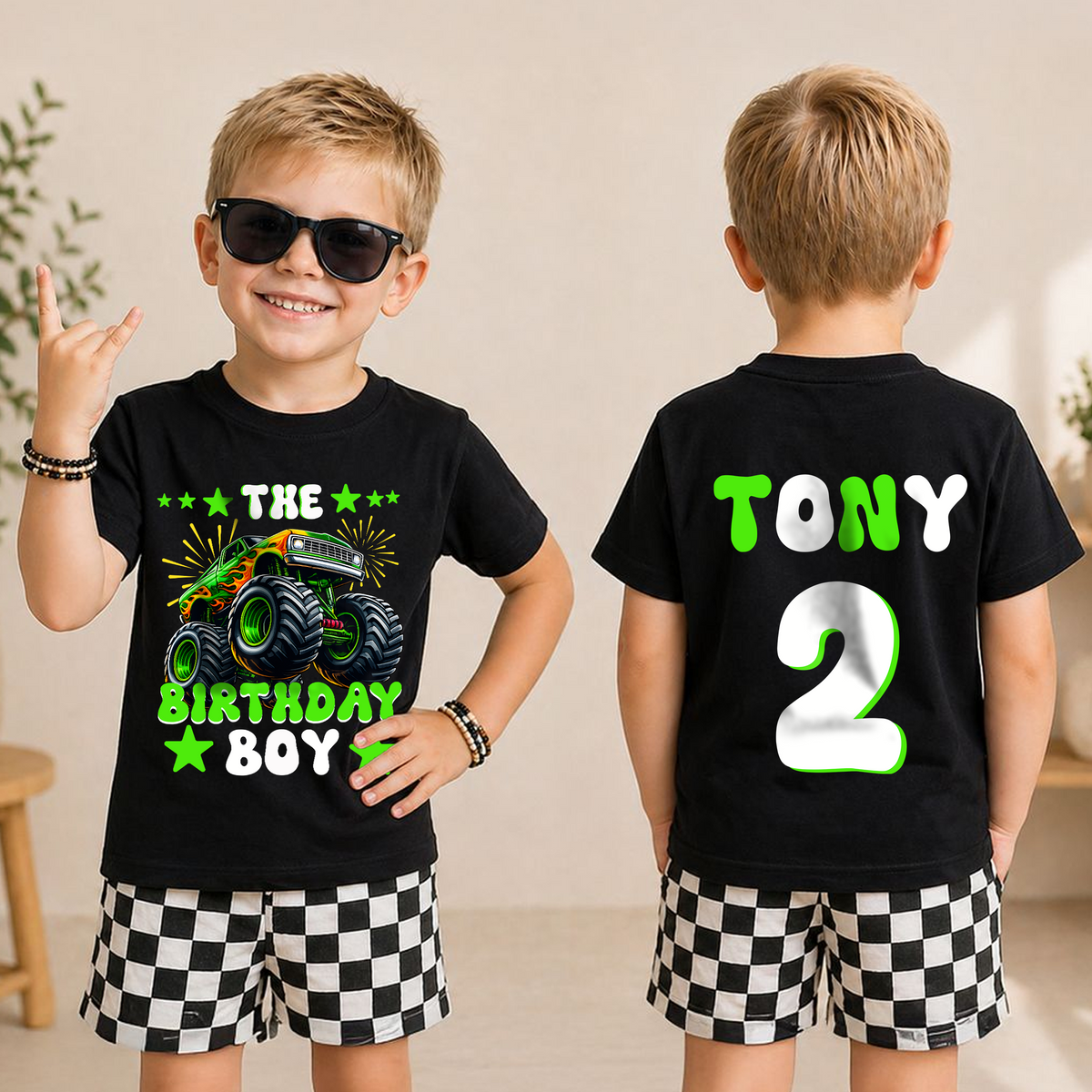 Custom Name Monster Truck Birthday Boy Shirt 2, Crushing It — product view 3