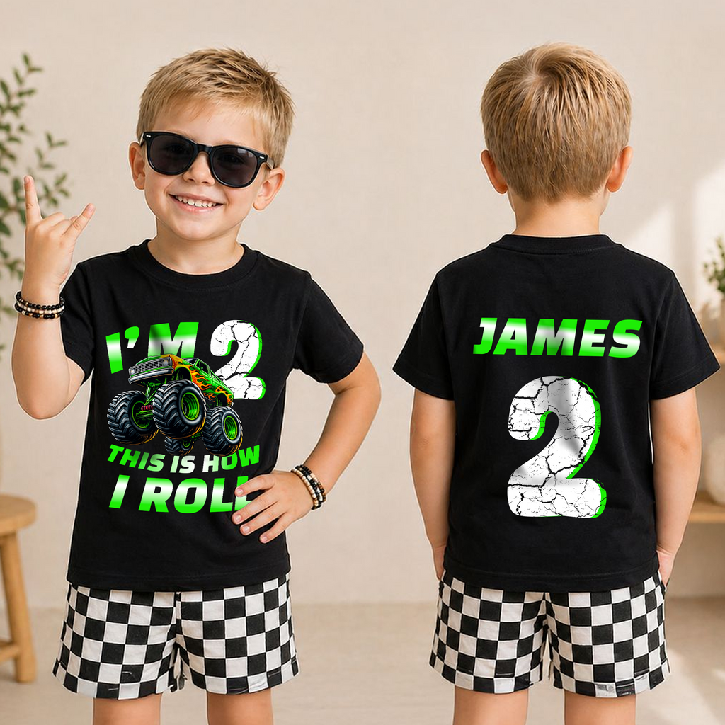 Boys Custom Monster Truck Birthday Boy Shirt 2, This Is How I Roll — product view 3