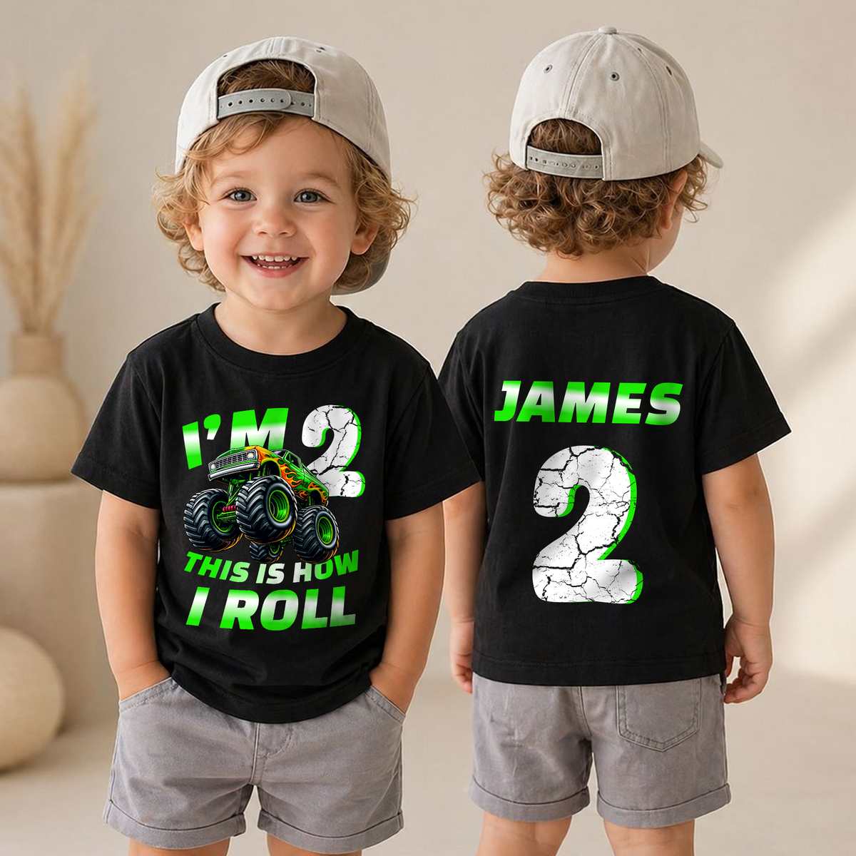 Boys Custom Monster Truck Birthday Boy Shirt 2, This Is How I Roll — product view 4