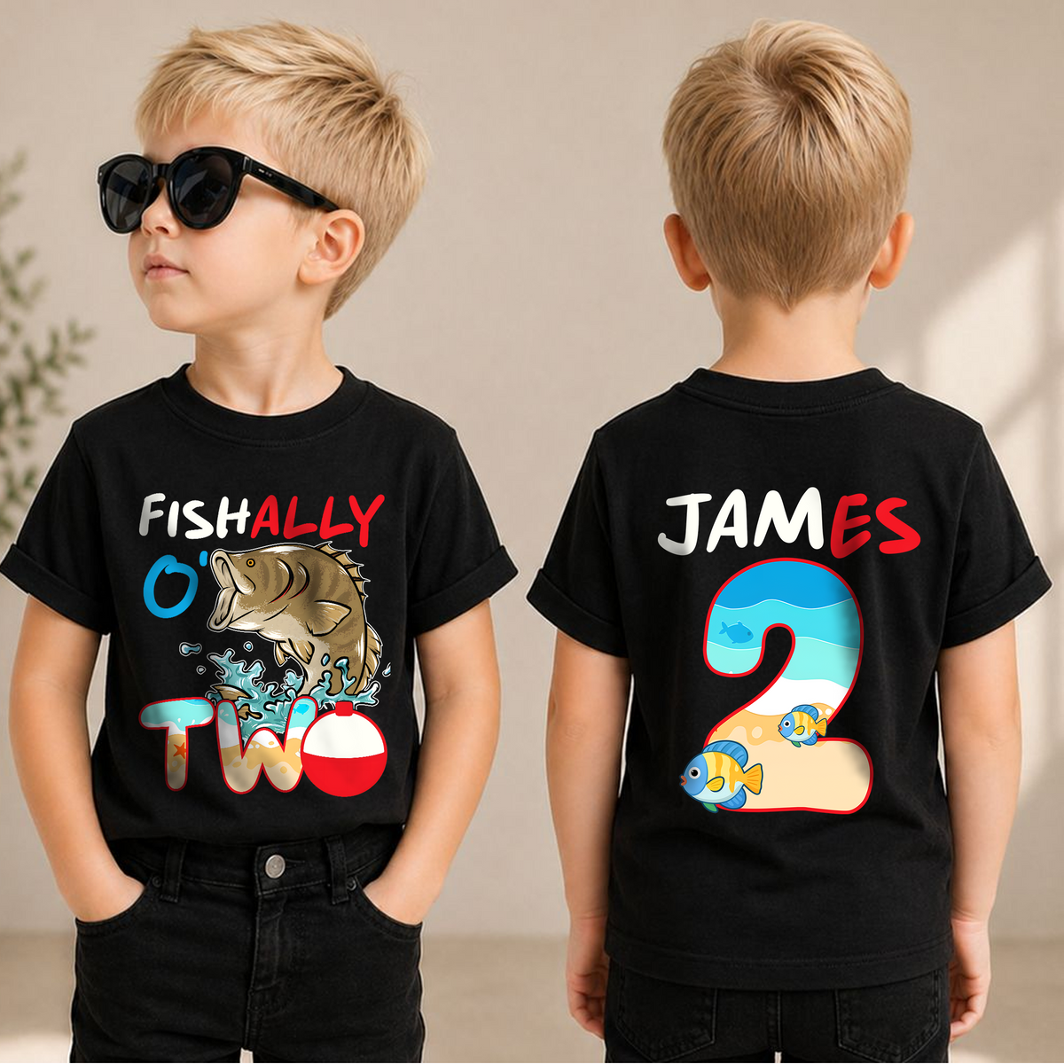 Boys Personalized Fishing 2nd Birthday Shirt, O-Fish-Ally Two — product view 1