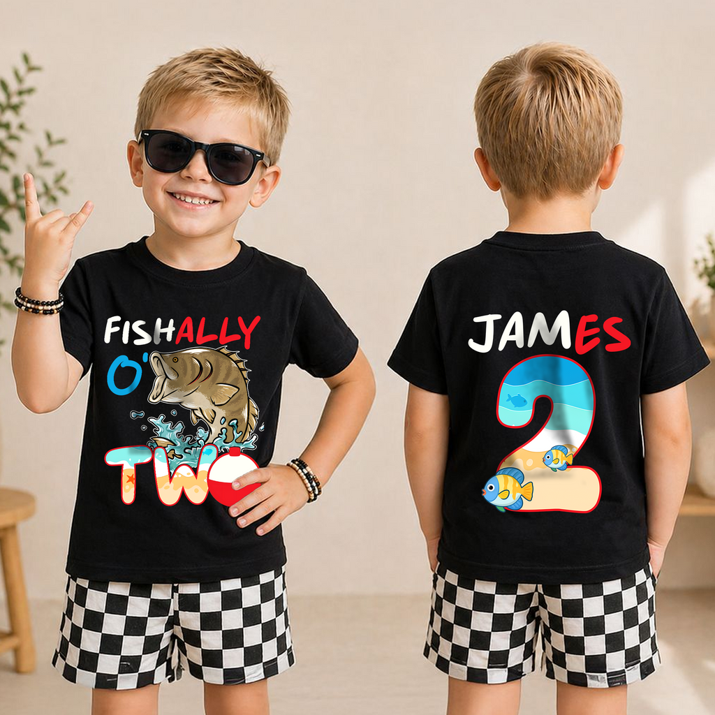 Boys Personalized Fishing 2nd Birthday Shirt, O-Fish-Ally Two — product view 3