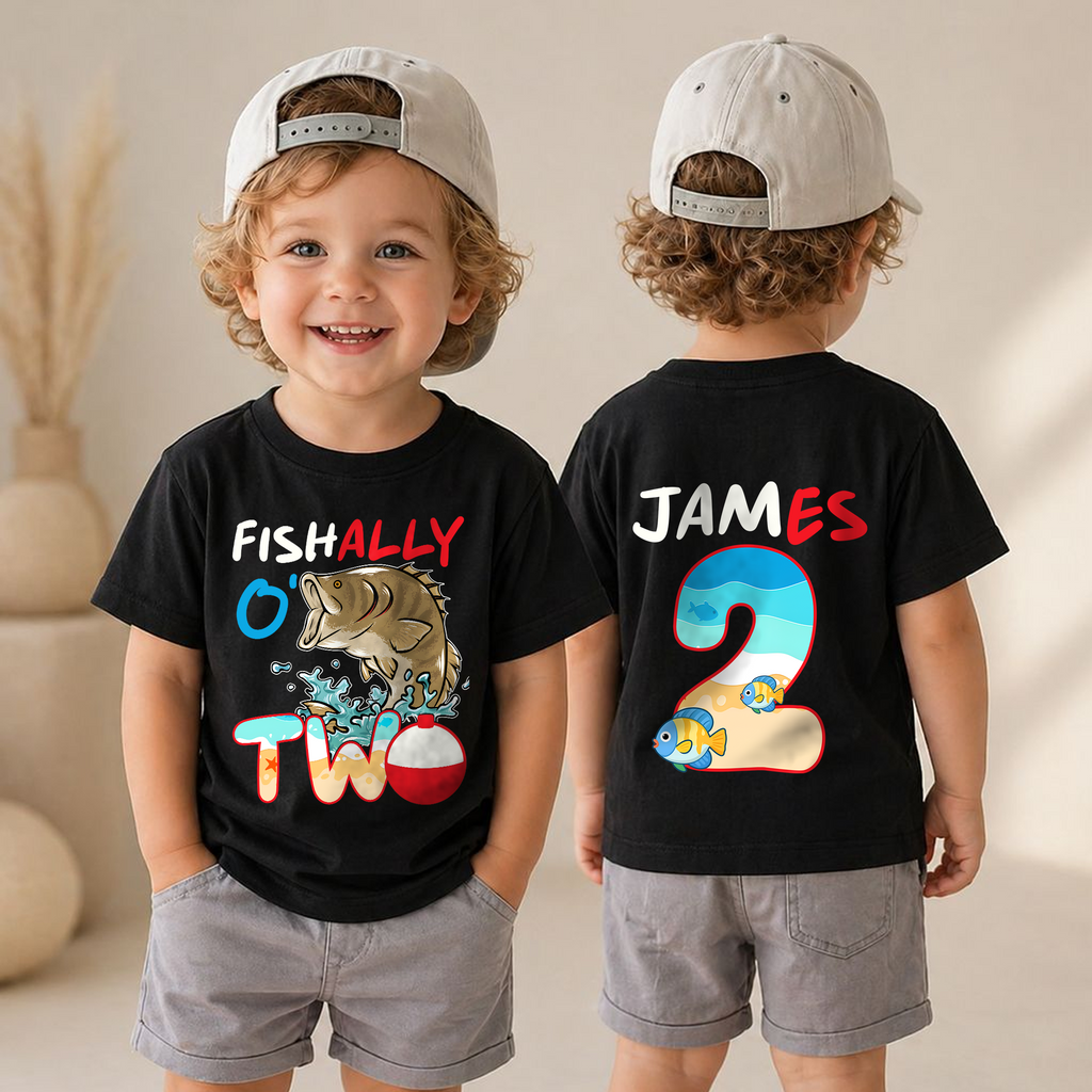 Boys Personalized Fishing 2nd Birthday Shirt, O-Fish-Ally Two — product view 4