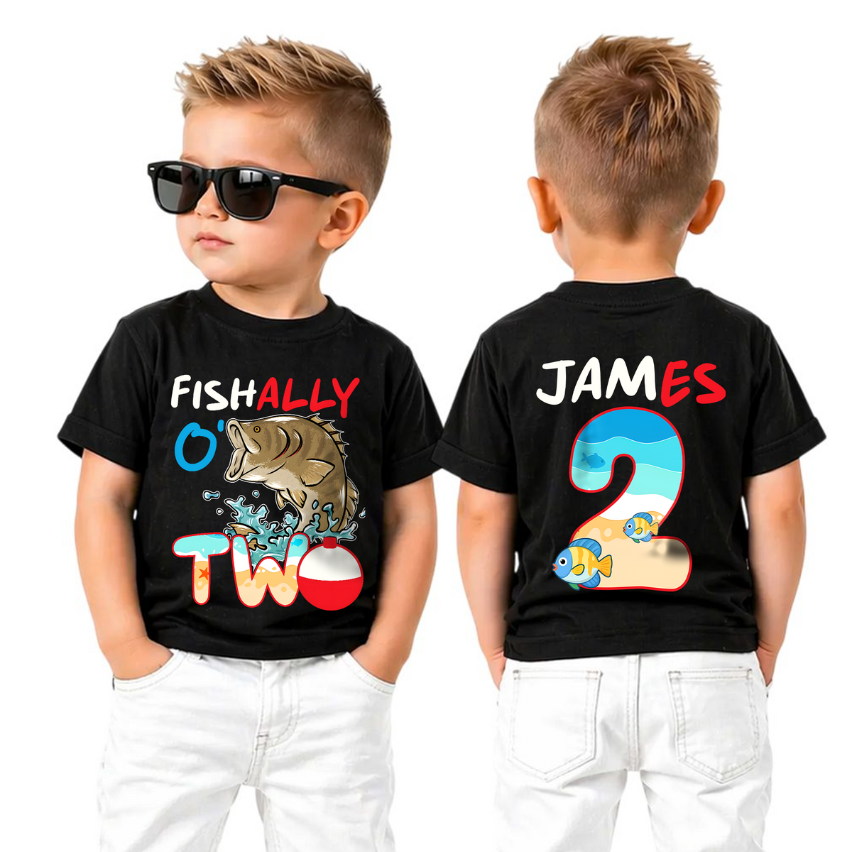 Boys Personalized Fishing 2nd Birthday Shirt, O-Fish-Ally Two — product view 5