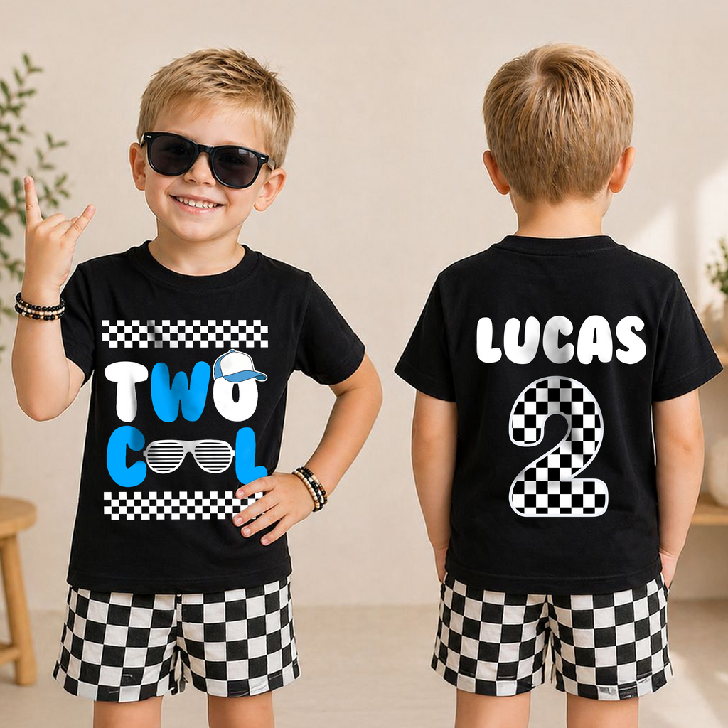 Boys Personalized Cool Kid 2nd Birthday Shirt Boy, TWO COOL — product view 3