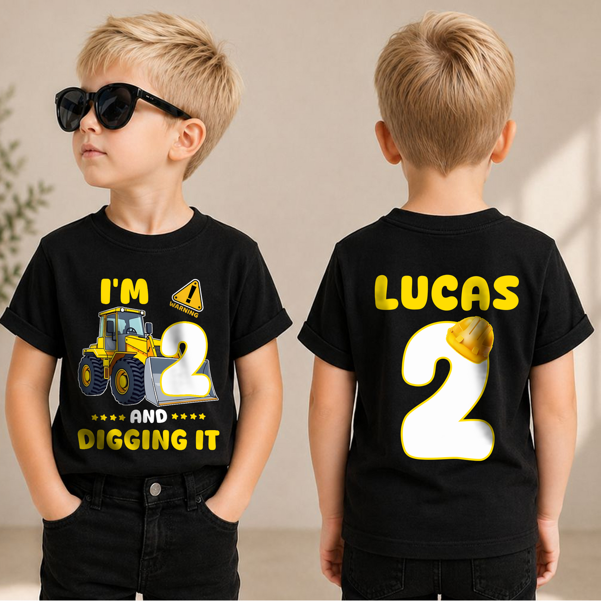 Boys Custom I'm 2 and Digging It 2nd Birthday Shirt, Construction Truck — product view 1