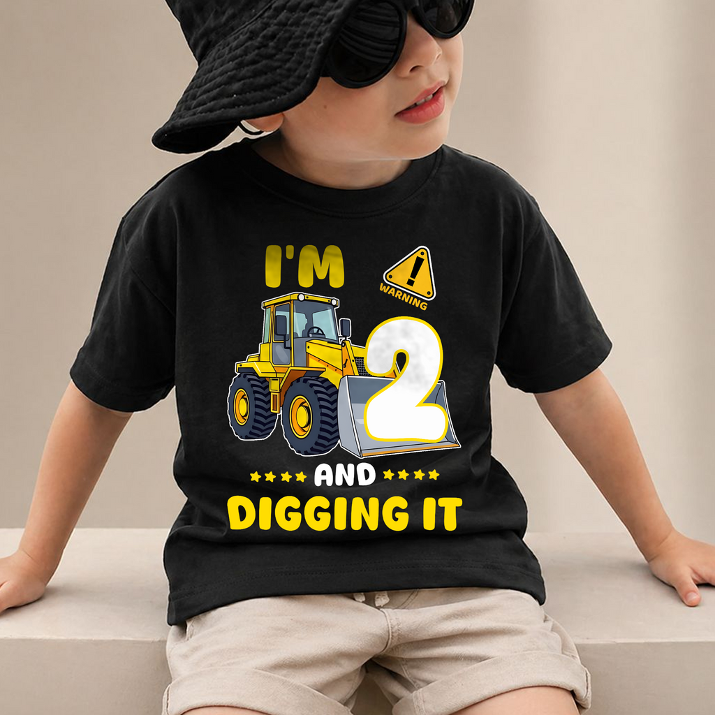 Boys Custom I'm 2 and Digging It 2nd Birthday Shirt, Construction Truck — product view 2