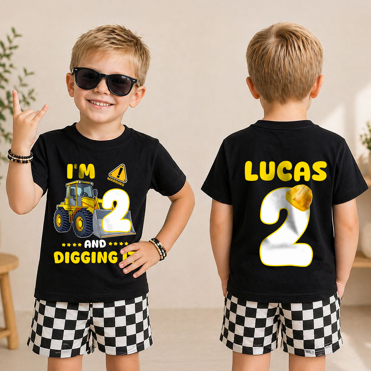 Boys Custom I'm 2 and Digging It 2nd Birthday Shirt, Construction Truck — product view 3