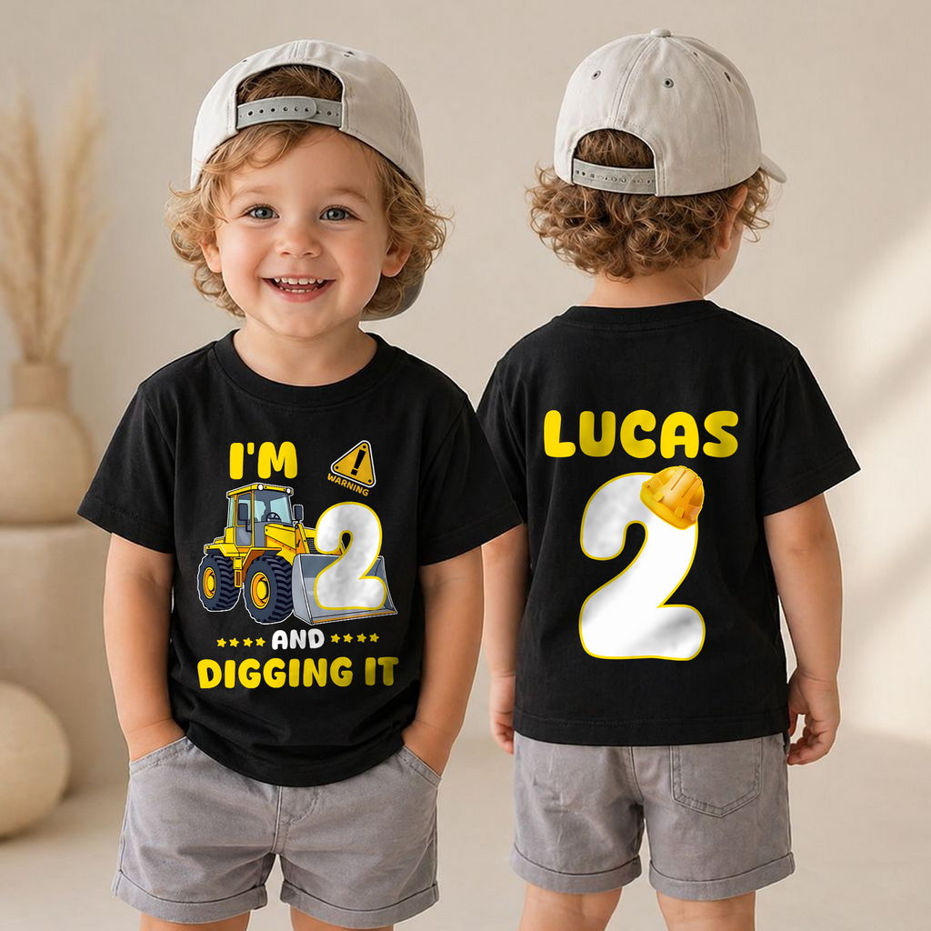 Boys Custom I'm 2 and Digging It 2nd Birthday Shirt, Construction Truck — product view 4