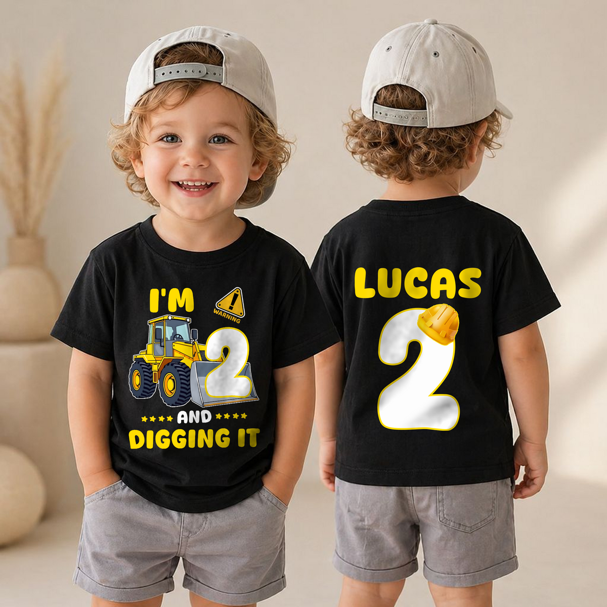 Boys Custom I'm 2 and Digging It 2nd Birthday Shirt, Construction Truck — product view 4