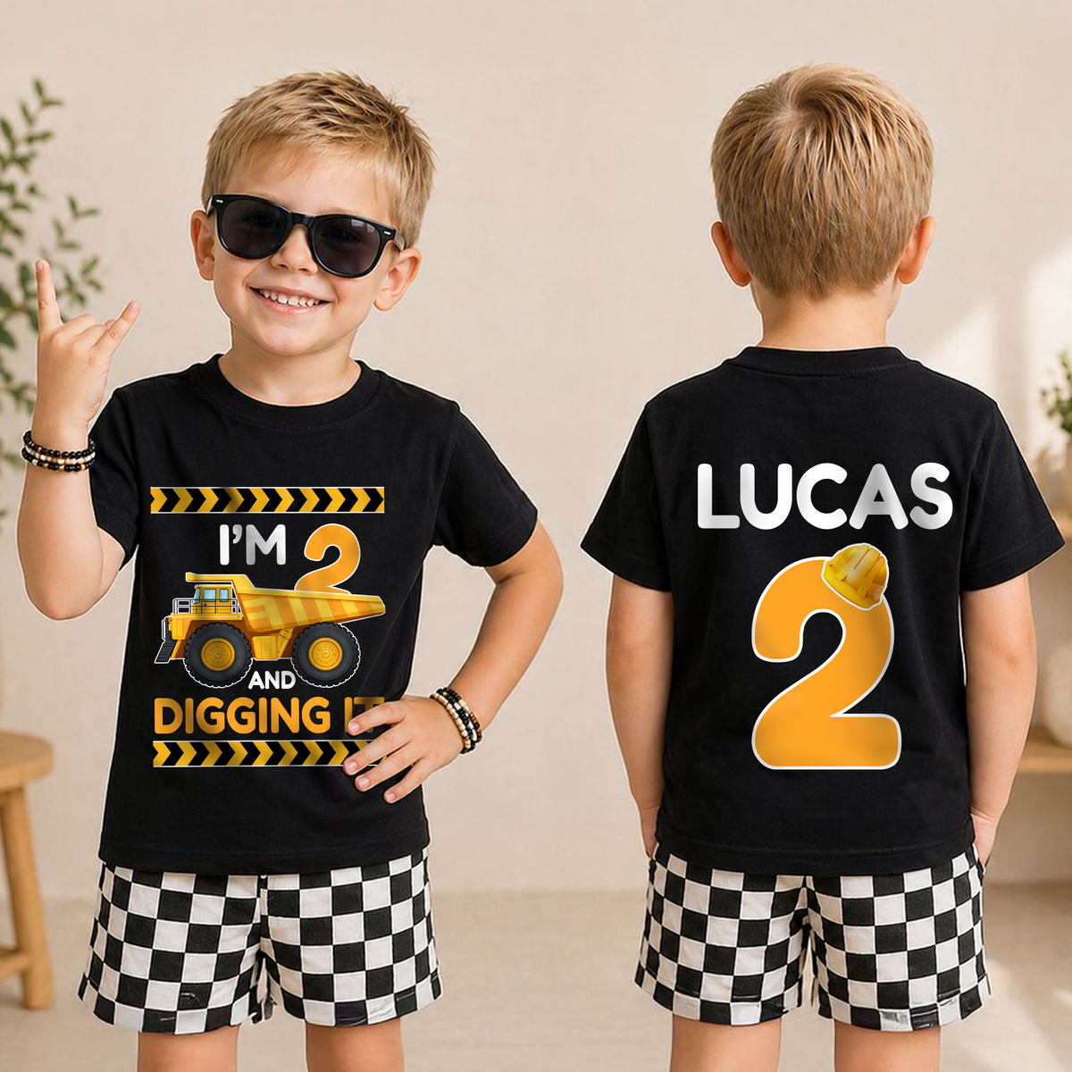 Toddler Personalized Construction Truck 2nd Birthday Shirt Boy — product view 3