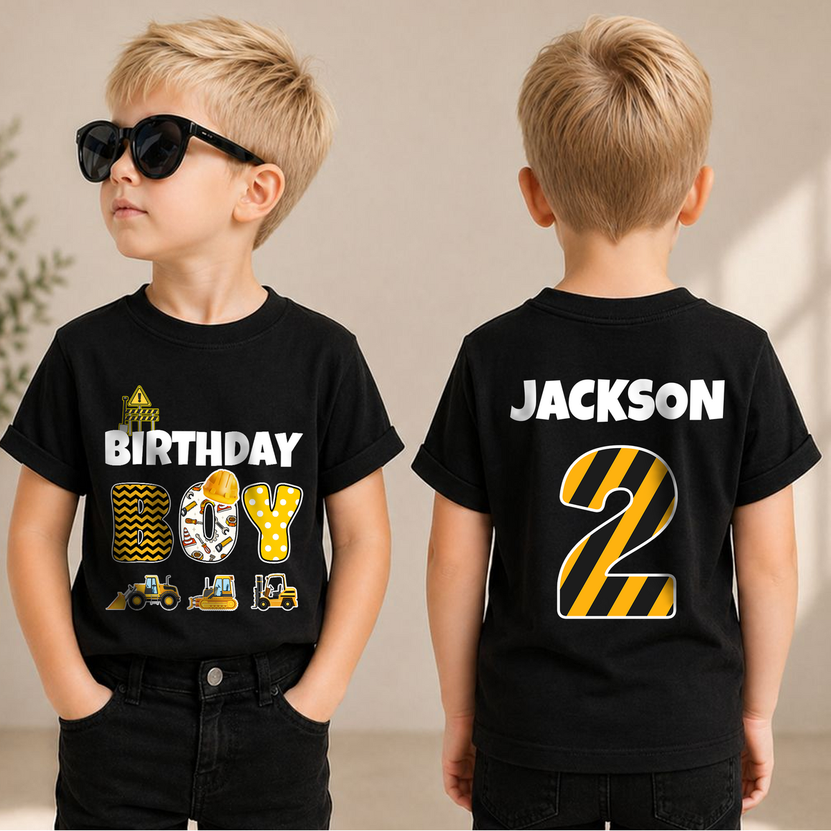 Boys Personalized Construction Truck 2nd Birthday Shirt Boy — product view 1