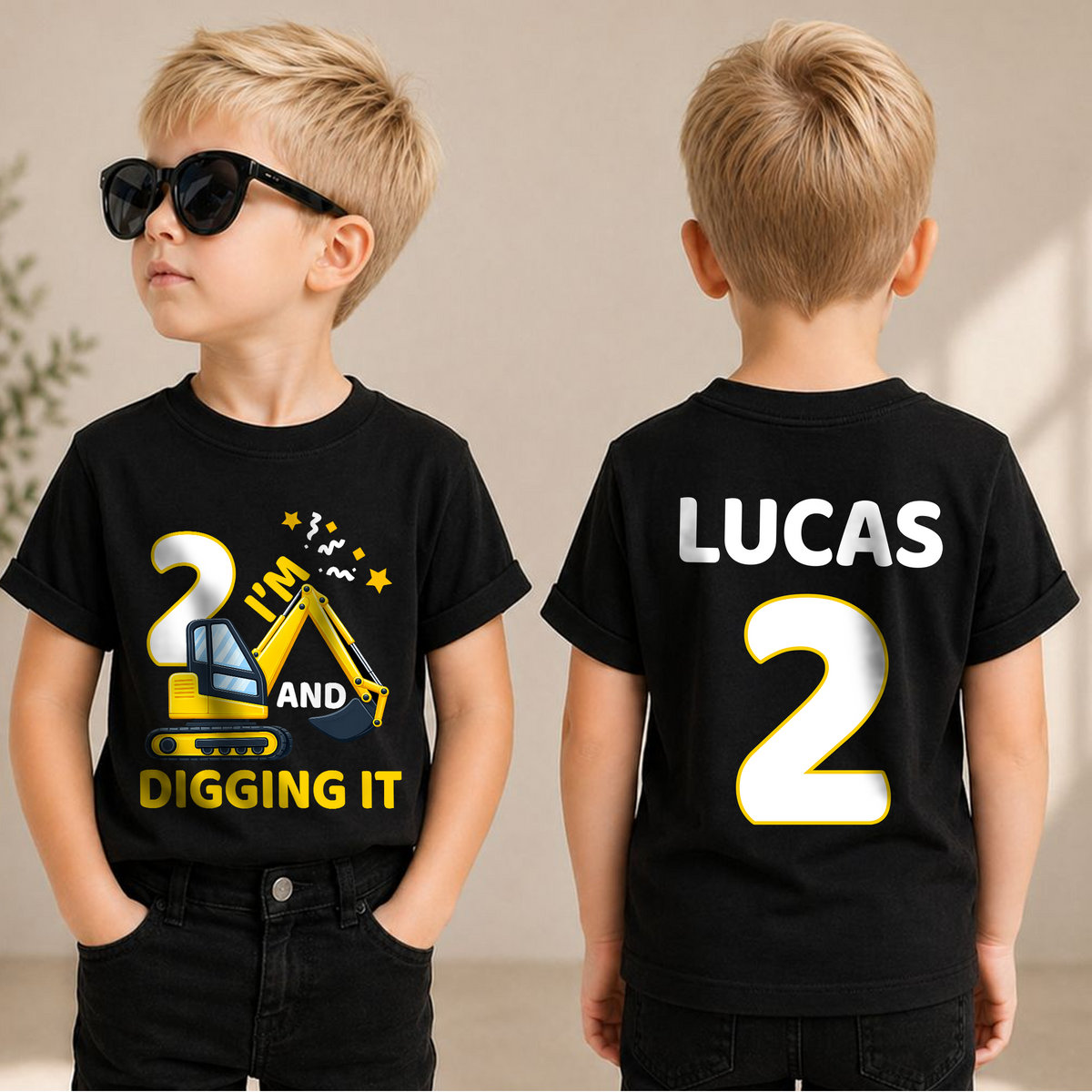 Custom Name I'm 2 and Digging It Birthday Shirt, Construction Truck — product view 1