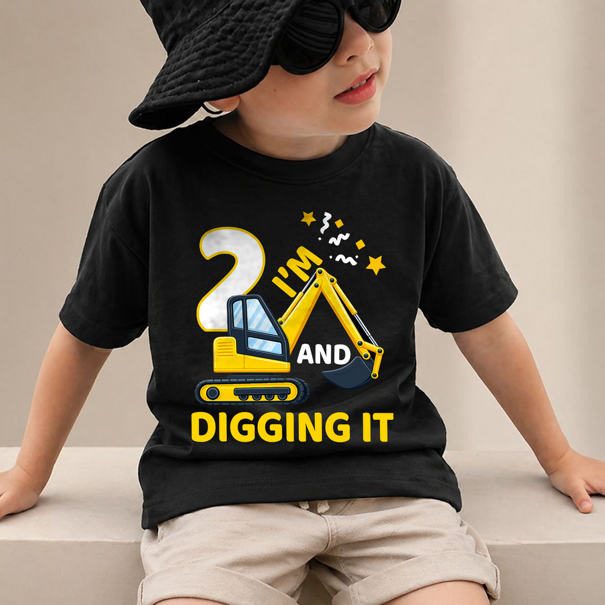 Custom Name I'm 2 and Digging It Birthday Shirt, Construction Truck — product view 2