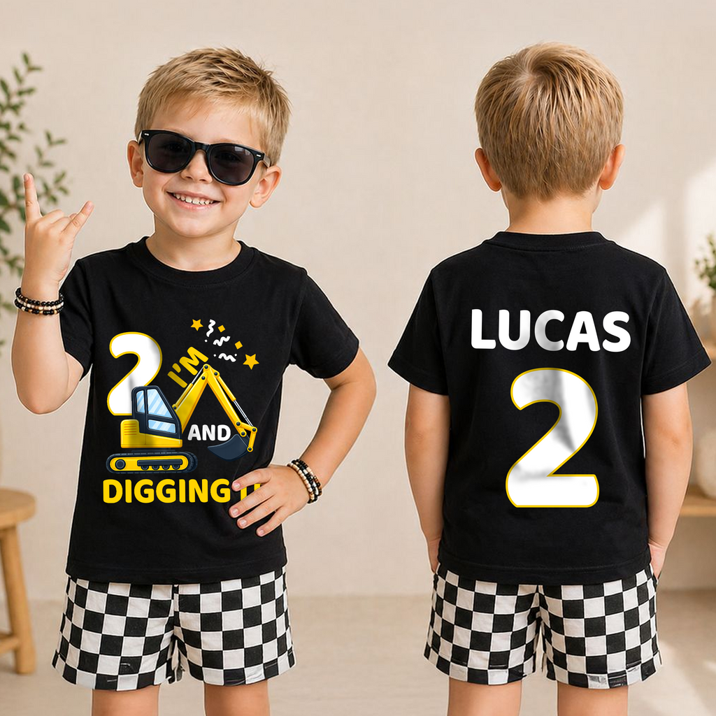 Custom Name I'm 2 and Digging It Birthday Shirt, Construction Truck — product view 3