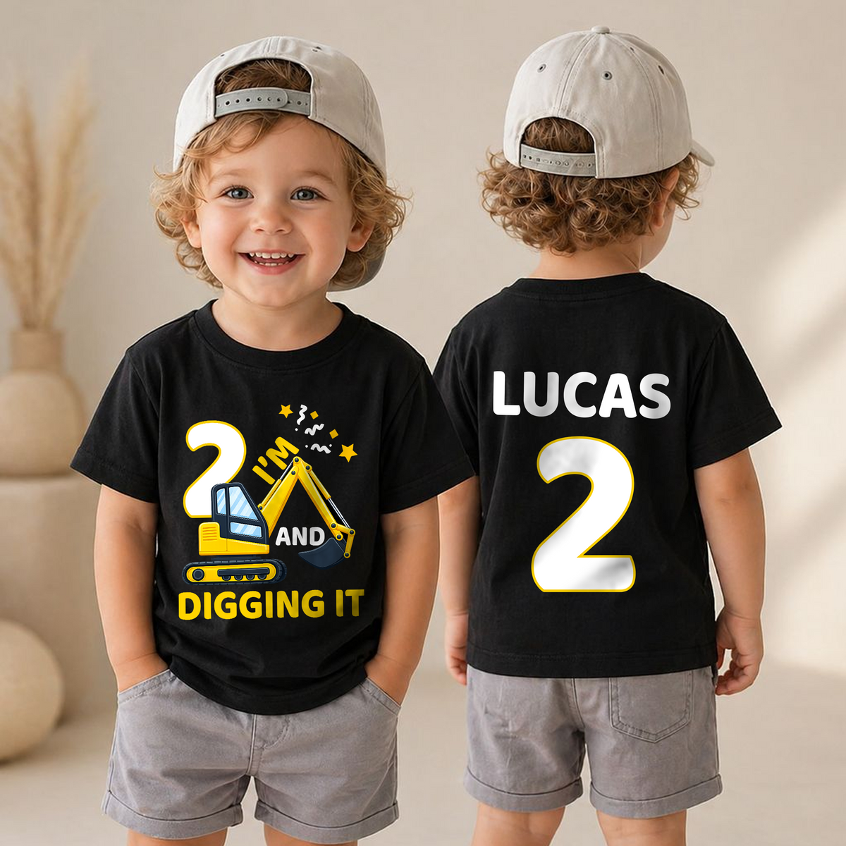 Custom Name I'm 2 and Digging It Birthday Shirt, Construction Truck — product view 4