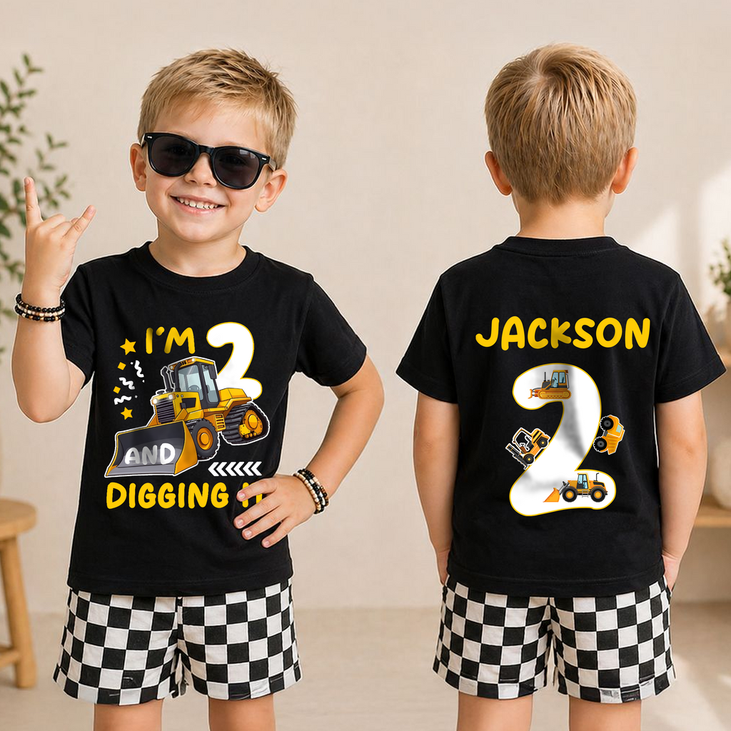 Custom I'm 2 and Digging It Birthday Shirt, Construction Truck — product view 3