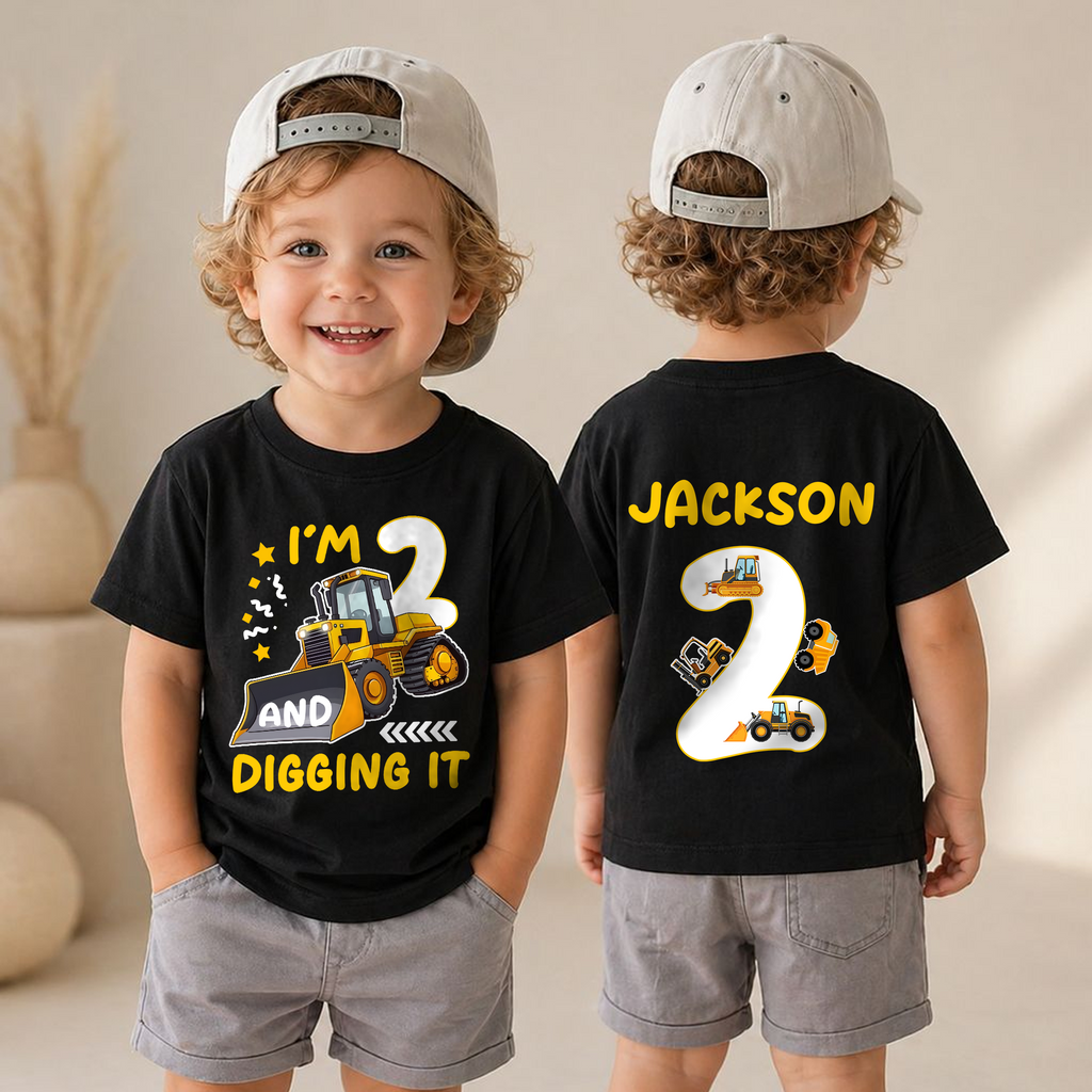 Custom I'm 2 and Digging It Birthday Shirt, Construction Truck — product view 4