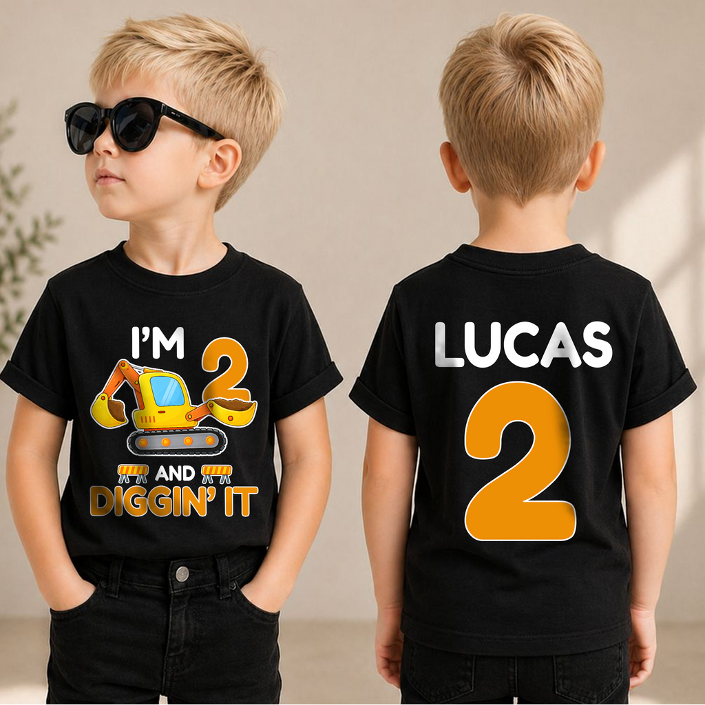 Boys Custom I'm 2 and Digging It Birthday Shirt, Construction Truck — product view 1