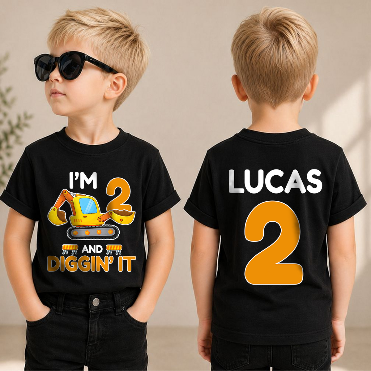 Boys Custom I'm 2 and Digging It Birthday Shirt, Construction Truck — product view 1