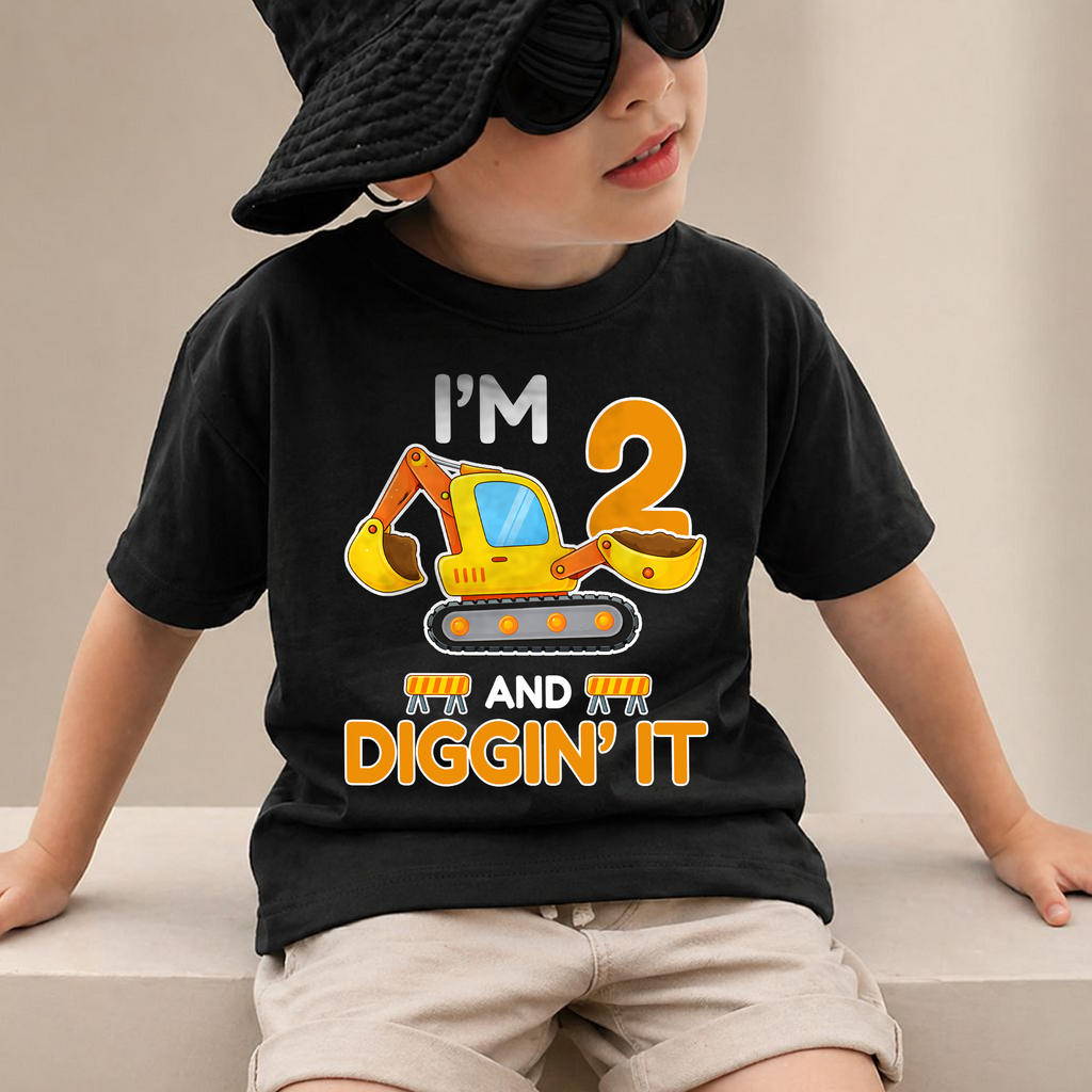 Boys Custom I'm 2 and Digging It Birthday Shirt, Construction Truck — product view 2