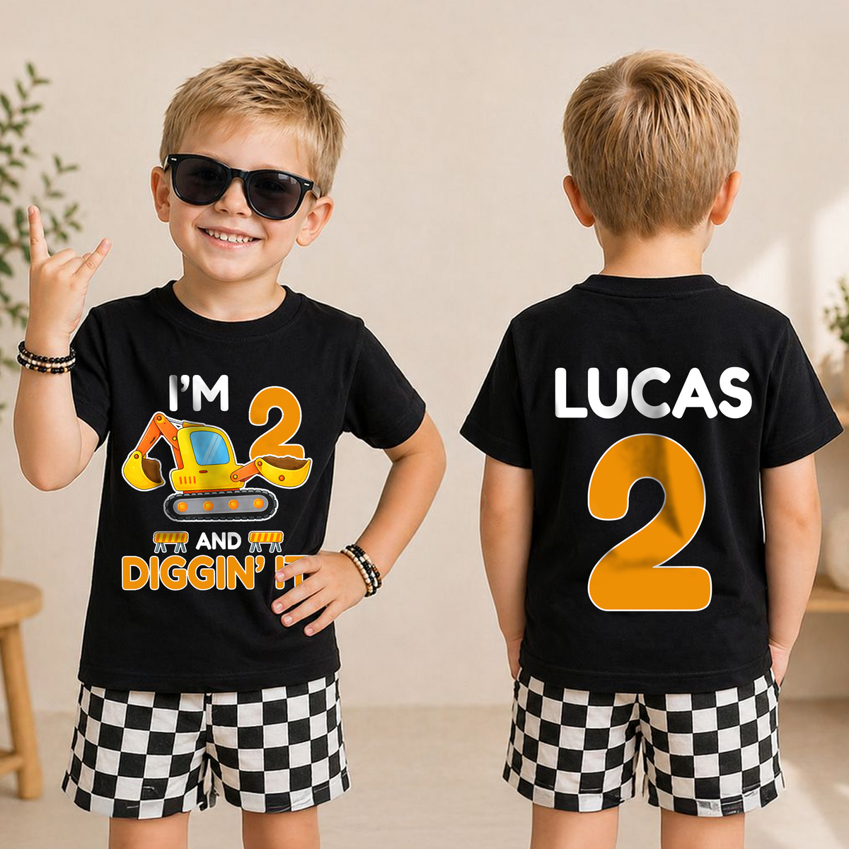Boys Custom I'm 2 and Digging It Birthday Shirt, Construction Truck — product view 3