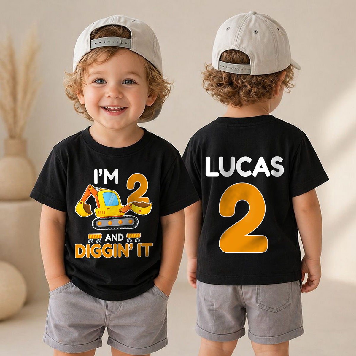 Boys Custom I'm 2 and Digging It Birthday Shirt, Construction Truck — product view 4