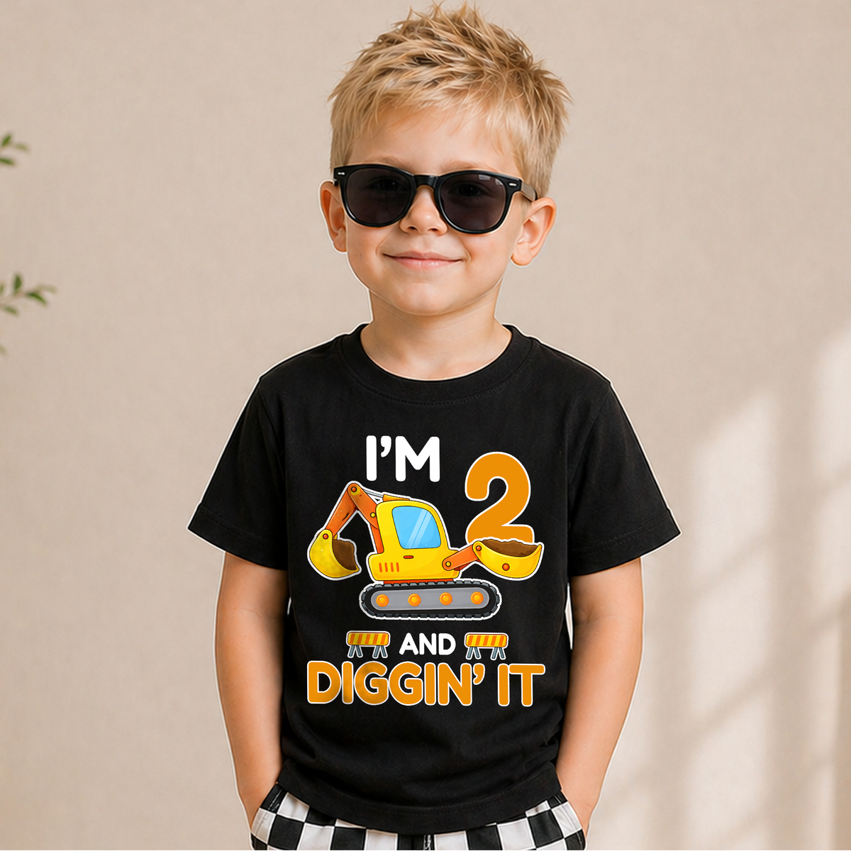 Boys Custom I'm 2 and Digging It Birthday Shirt, Construction Truck — product view 5