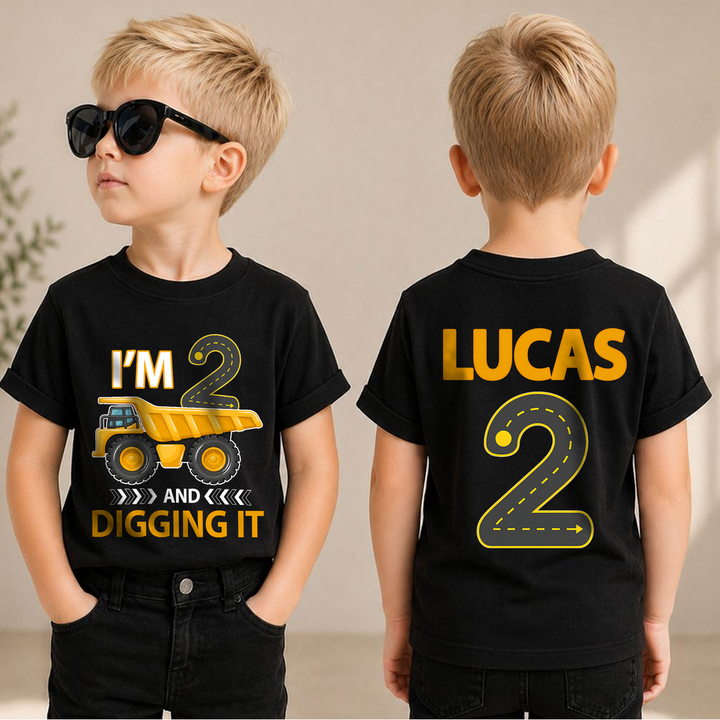 Personalized Construction Truck 2nd Birthday Shirt, Digging It — product view 1
