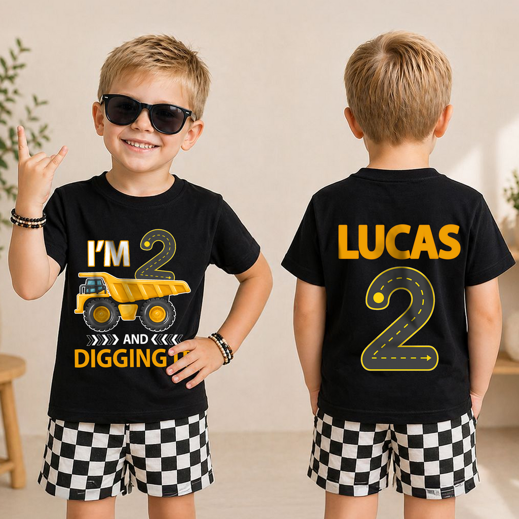 Personalized Construction Truck 2nd Birthday Shirt, Digging It — product view 3