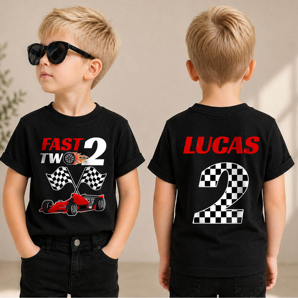 Personalized Fast Two 2nd Birthday Shirt for Boys, Race Car — product view 1