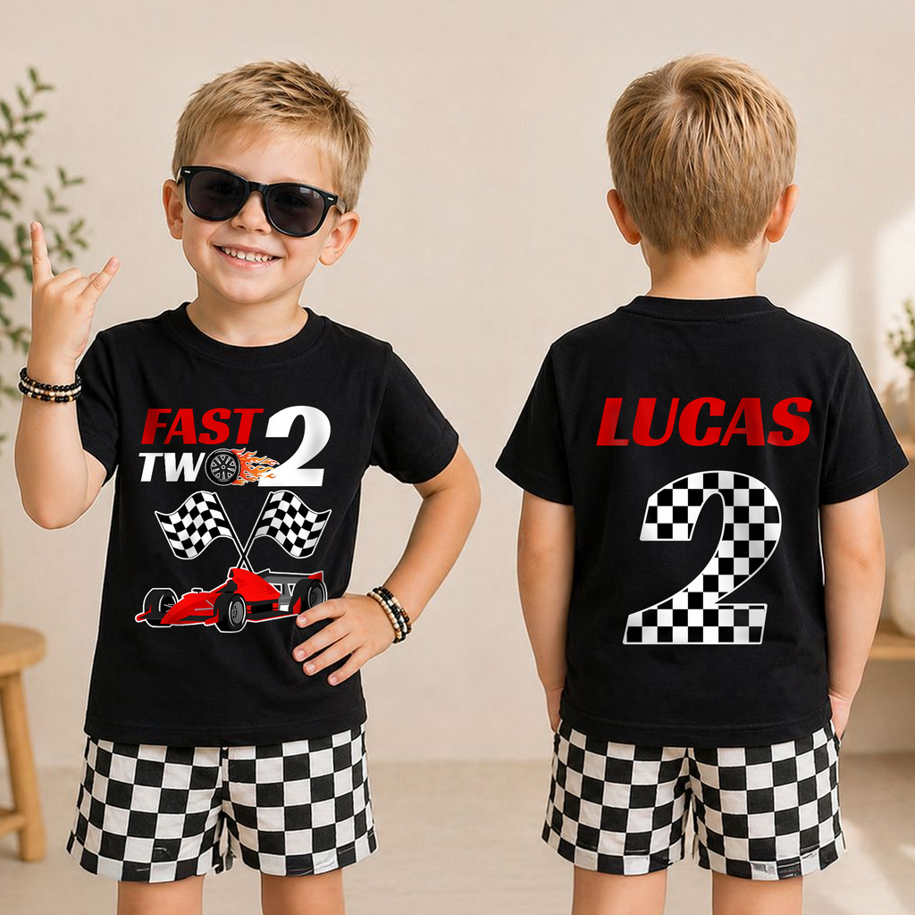 Personalized Fast Two 2nd Birthday Shirt for Boys, Race Car — product view 3